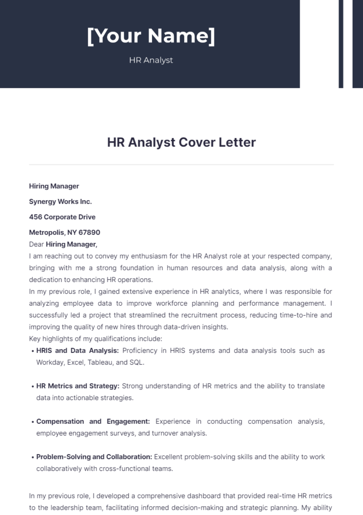 hr analyst cover letter