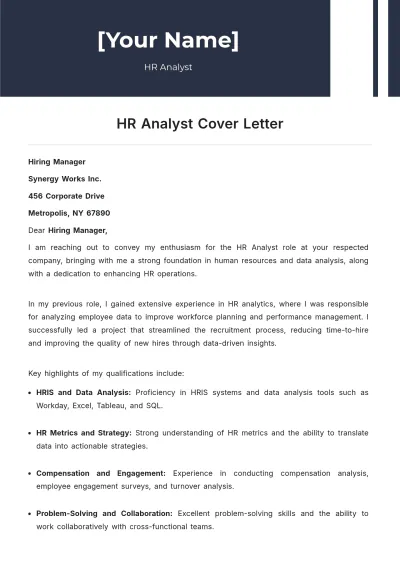 Free HR Analyst Cover Letter to Edit Online
