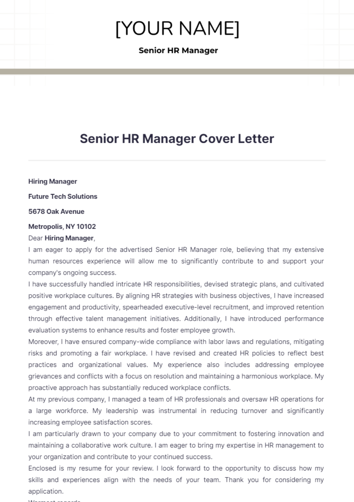 Senior HR Manager Cover Letter