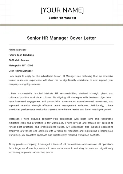 Free Senior HR Manager Cover Letter to Edit Online