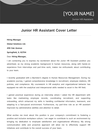 Free Junior HR Assistant Cover Letter to Edit Online