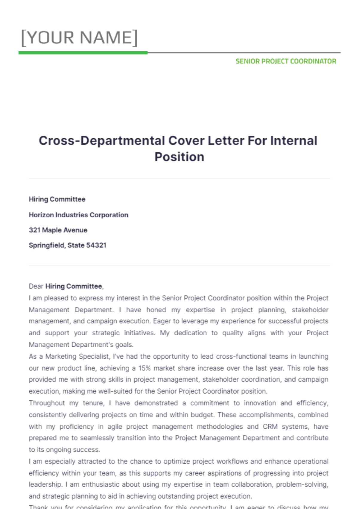 Cross-Departmental Cover Letter For Internal Position - Edit Online & Download