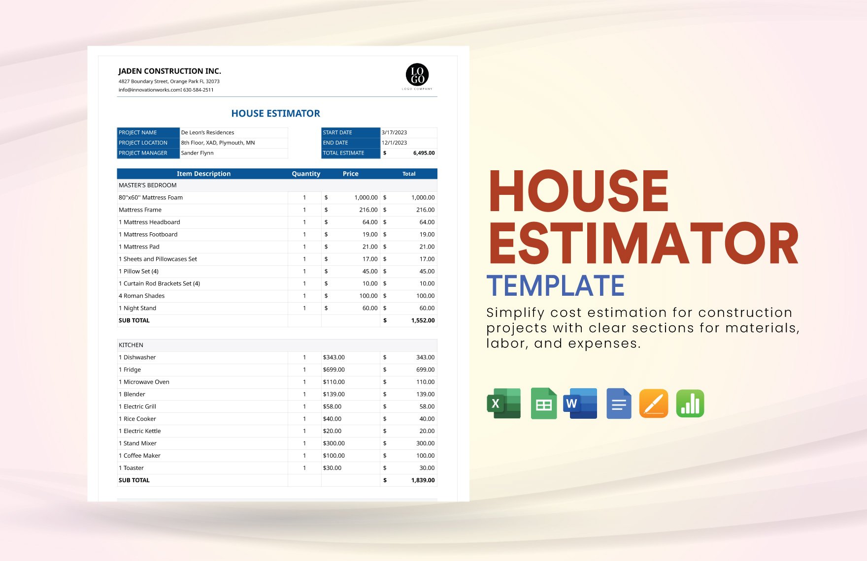 Free House Estimator Template in Word, Google Docs, Excel, Google Sheets, Apple Pages, Apple Numbers