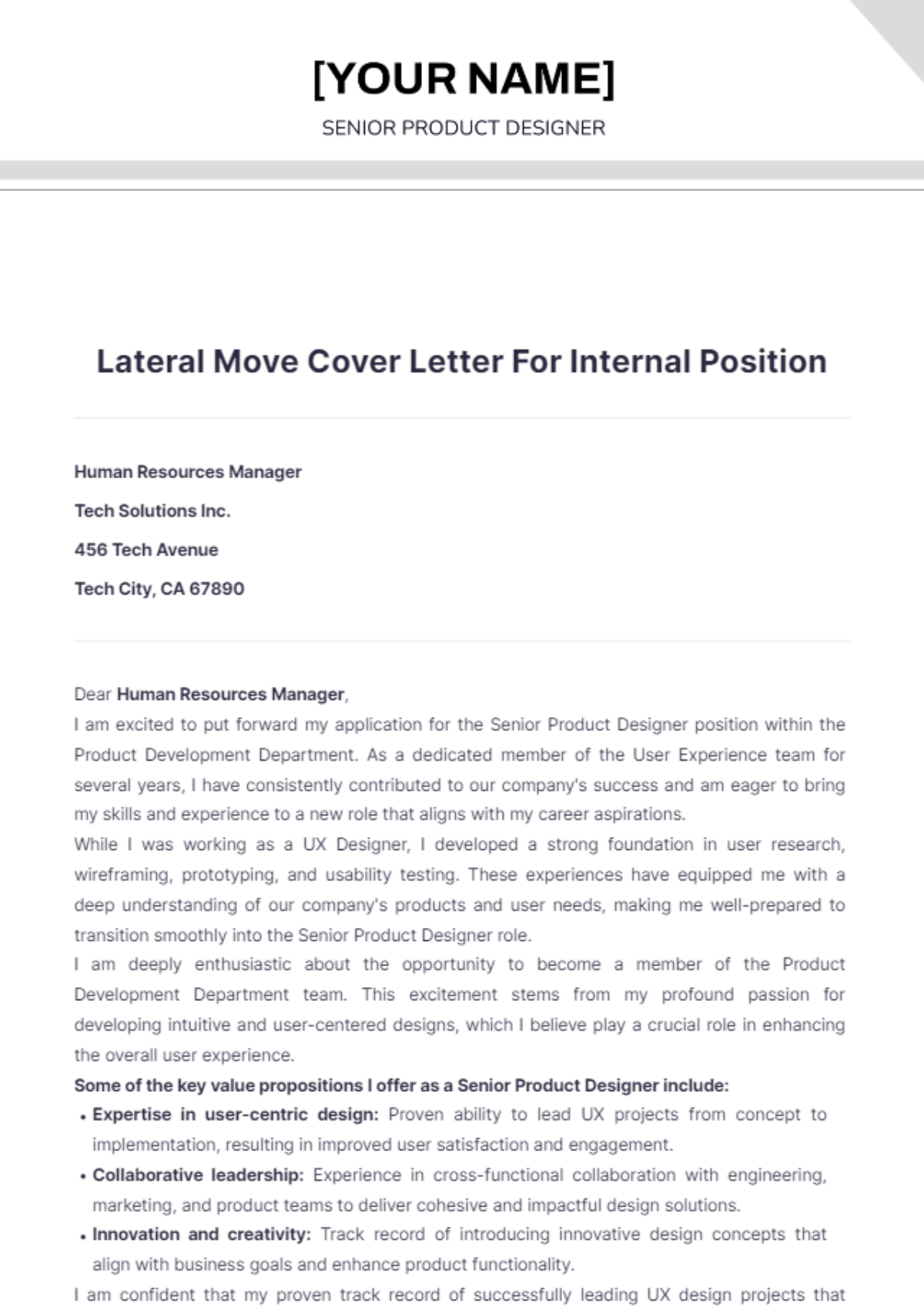 Lateral Move Cover Letter For Internal Position - Edit Online & Download