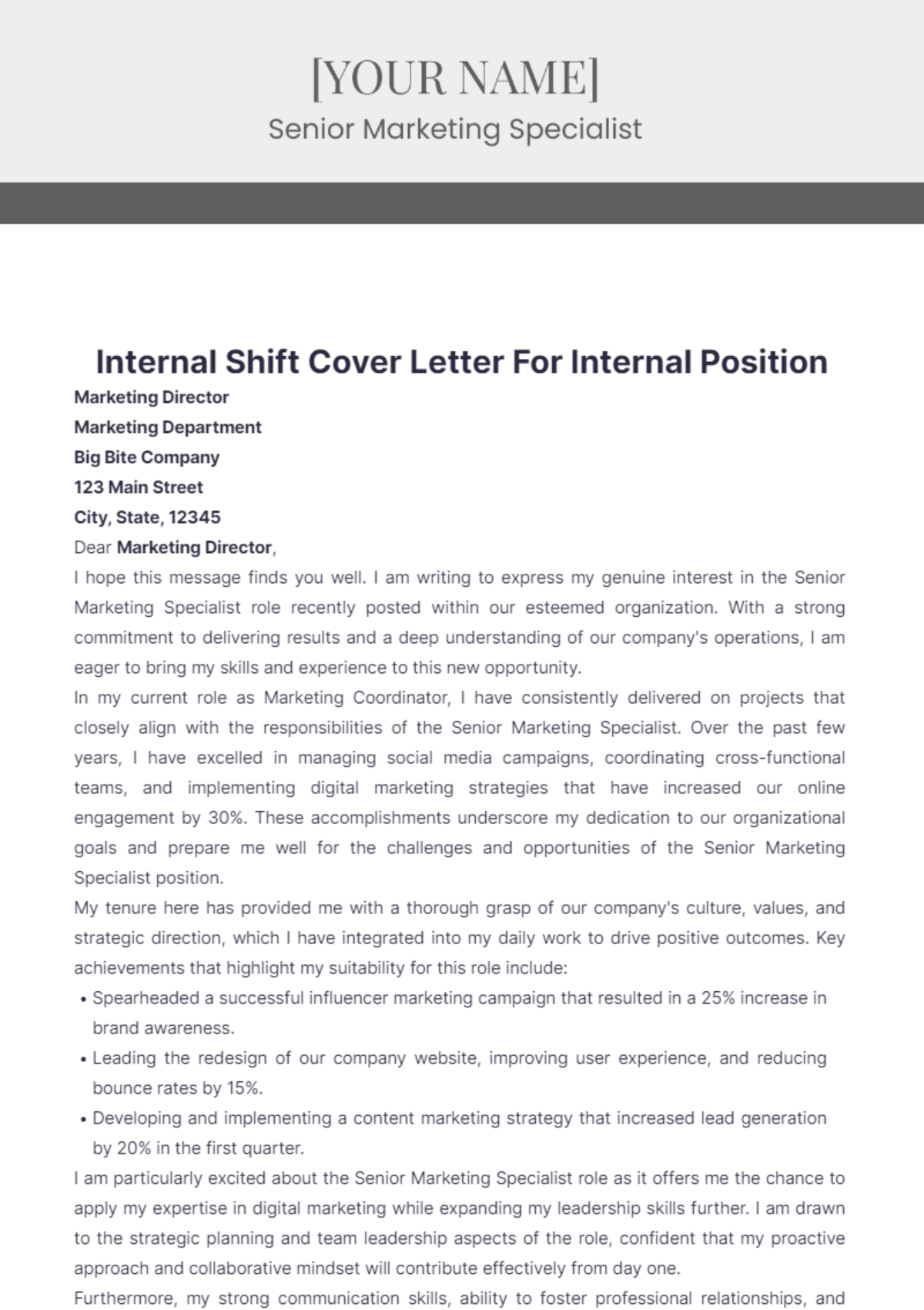 Internal Shift Cover Letter For Internal Position