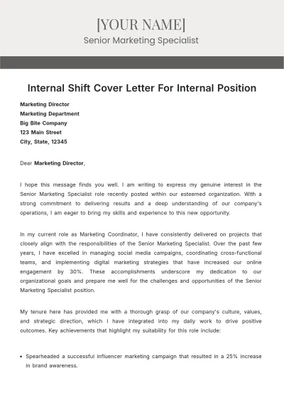 Free Internal Shift Cover Letter For Internal Position to Edit Online