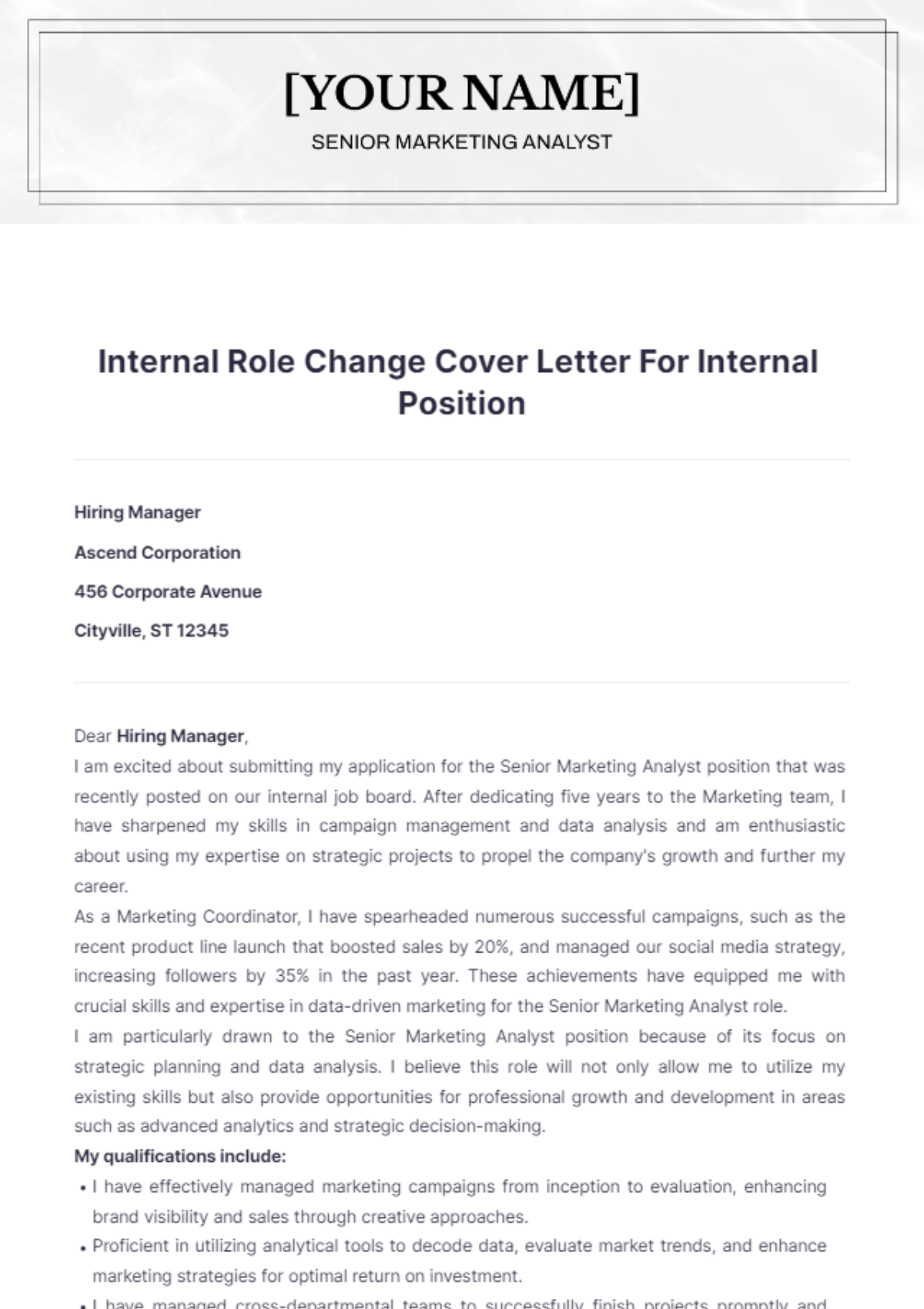 Internal Role Change Cover Letter For Internal Position - Edit Online & Download