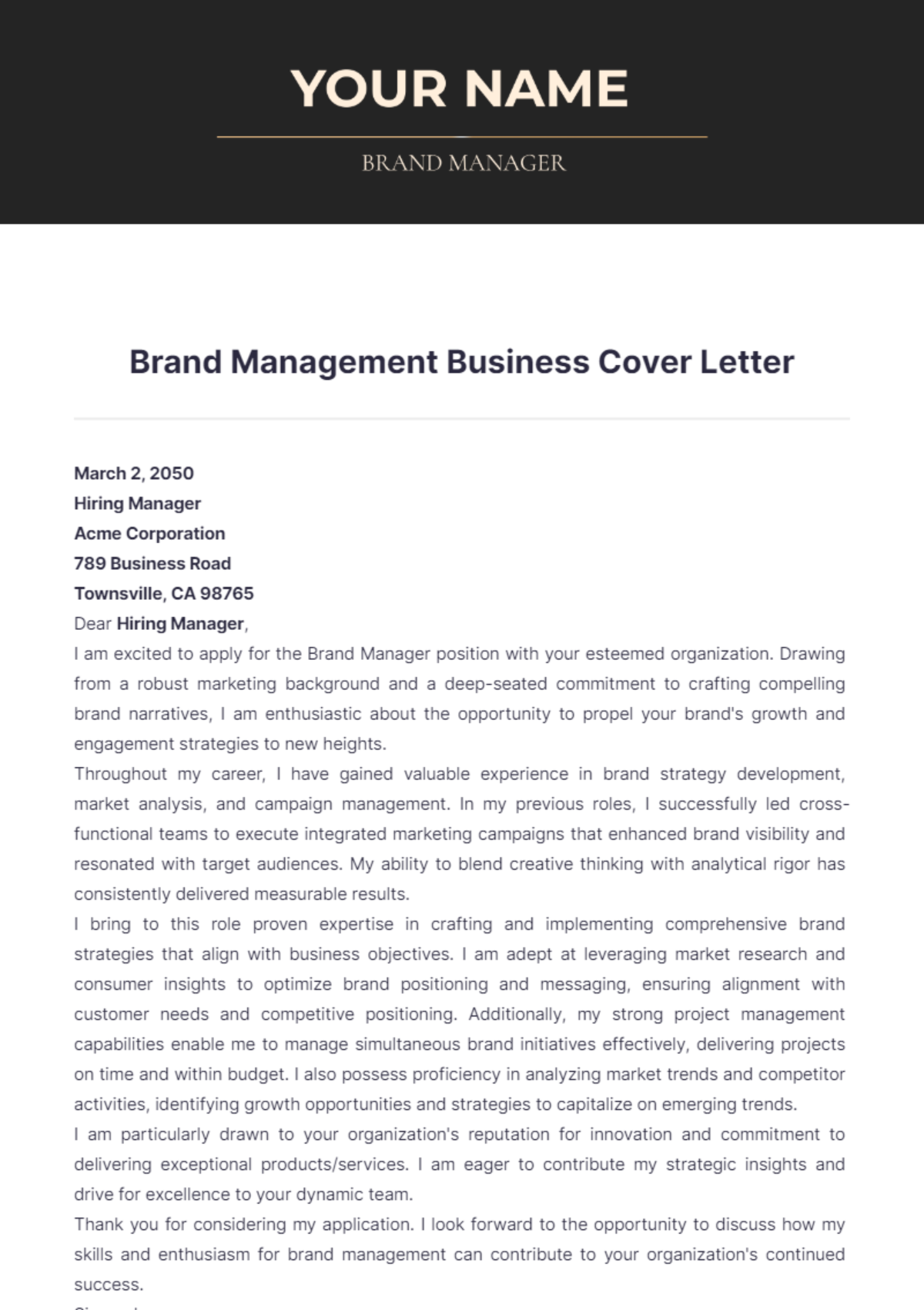 Brand Management Business Cover Letter - Edit Online & Download