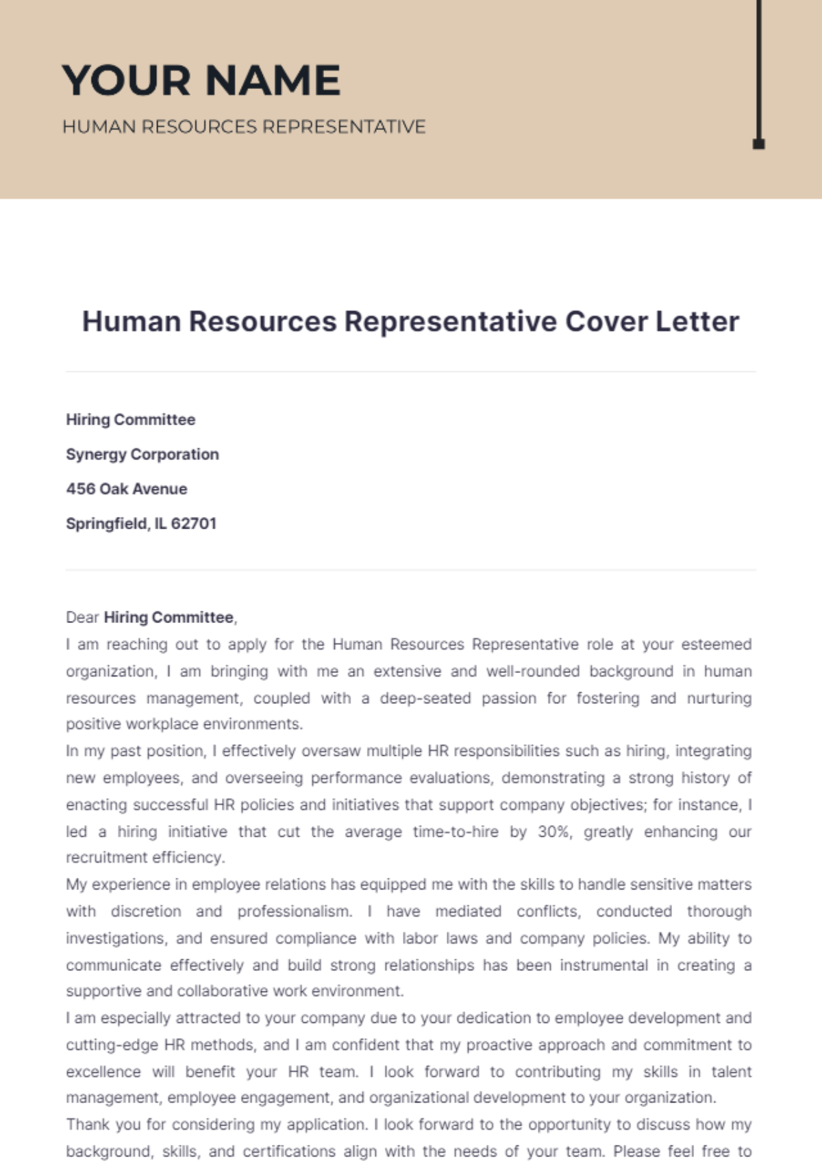 Human Resources Representative Cover Letter