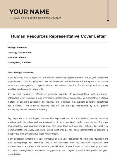 Free Human Resources Representative Cover Letter to Edit Online