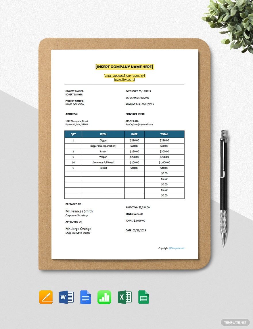 Simple Construction Estimating Sheet Template