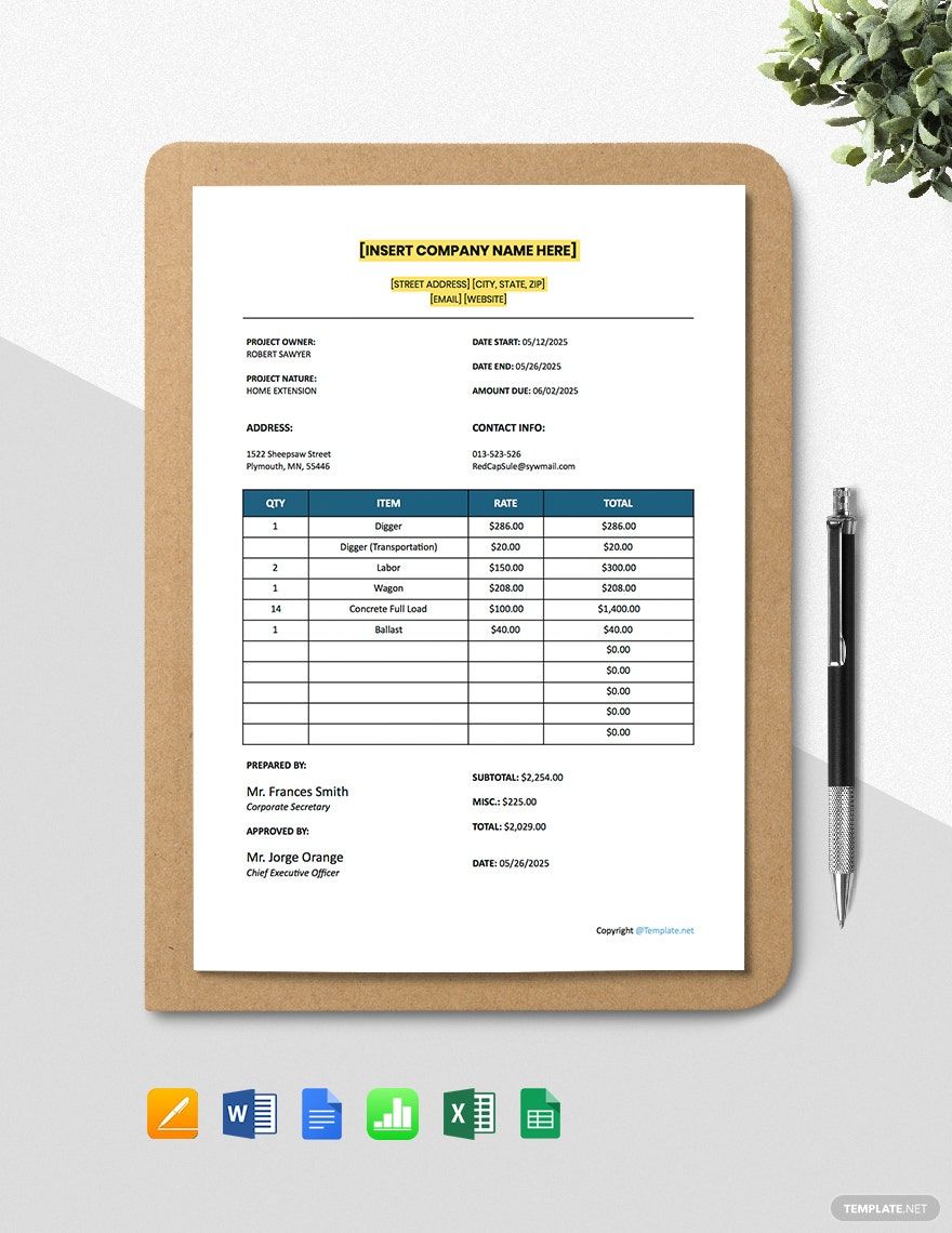 Simple Construction Estimating Sheet Template in Pages, Apple Numbers, Excel, Word, Google Docs, Google Sheets - Download | Template.net