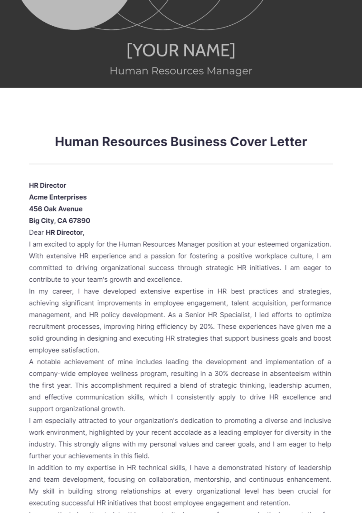 Human Resources Business Cover Letter