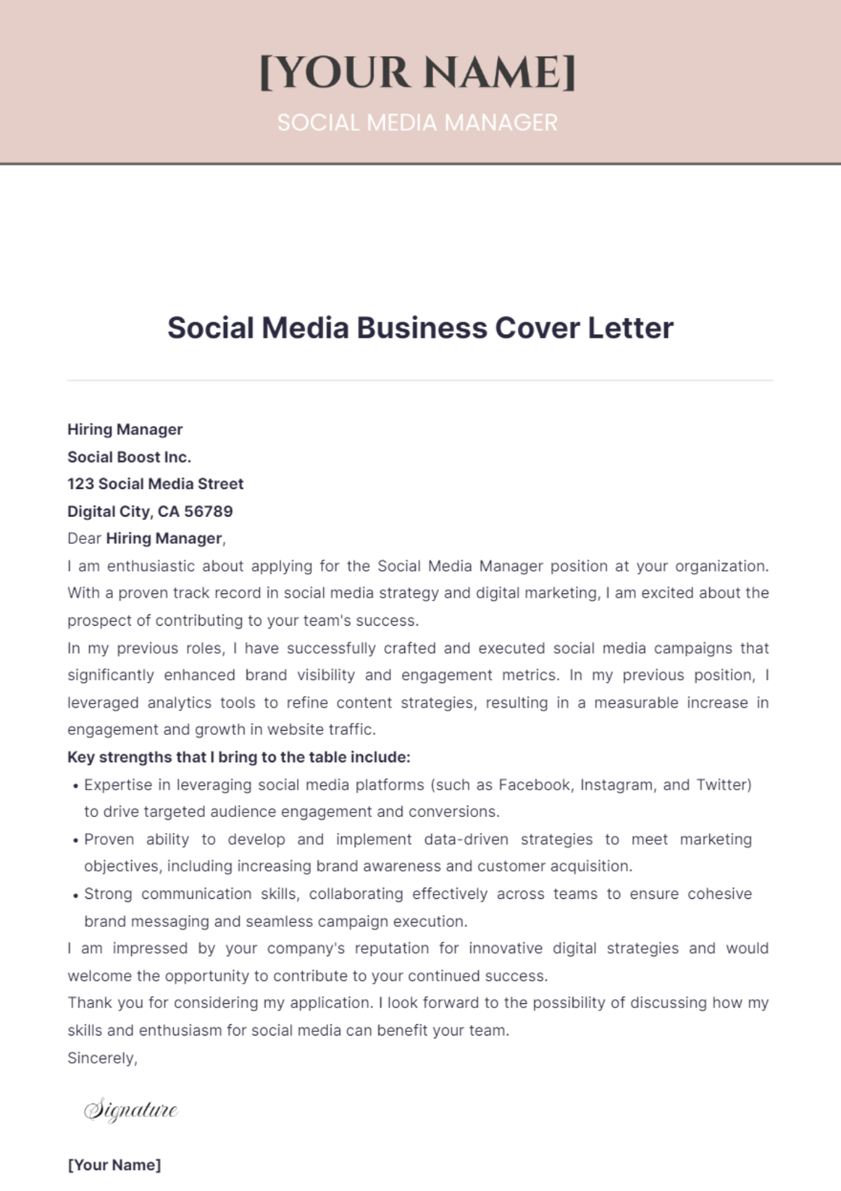 Social Media Business Cover Letter