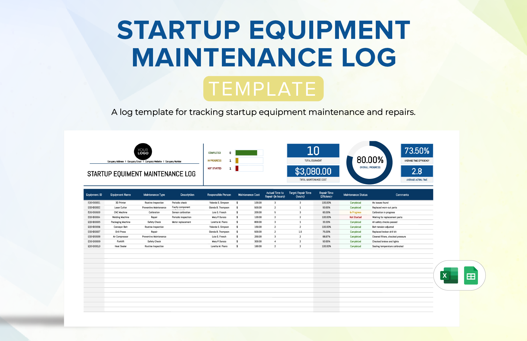 Startup Equipment Maintenance Log Template in Excel, Google Sheets