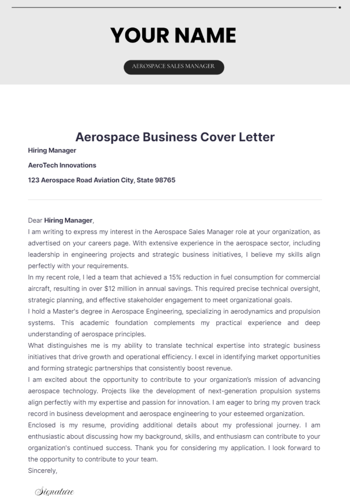 Aerospace Business Cover Letter