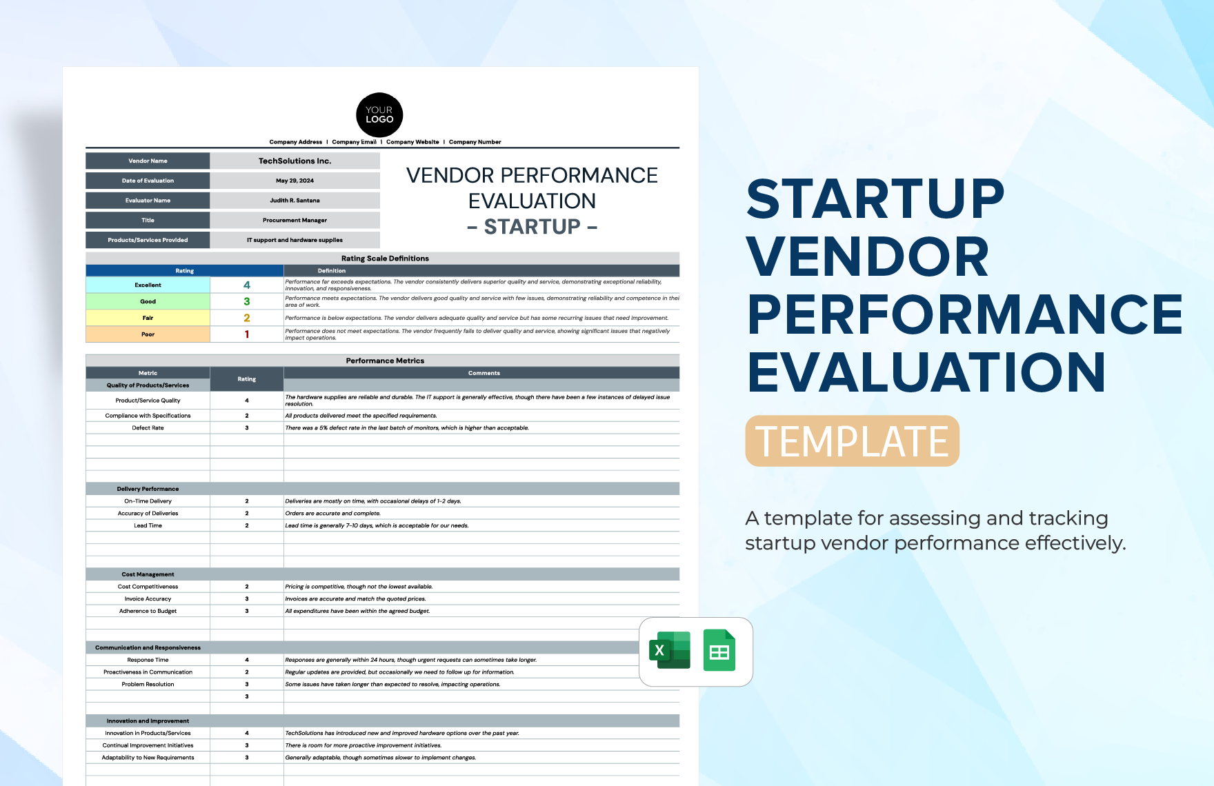 Startup Vendor Performance Evaluation Template in Excel, Google Sheets