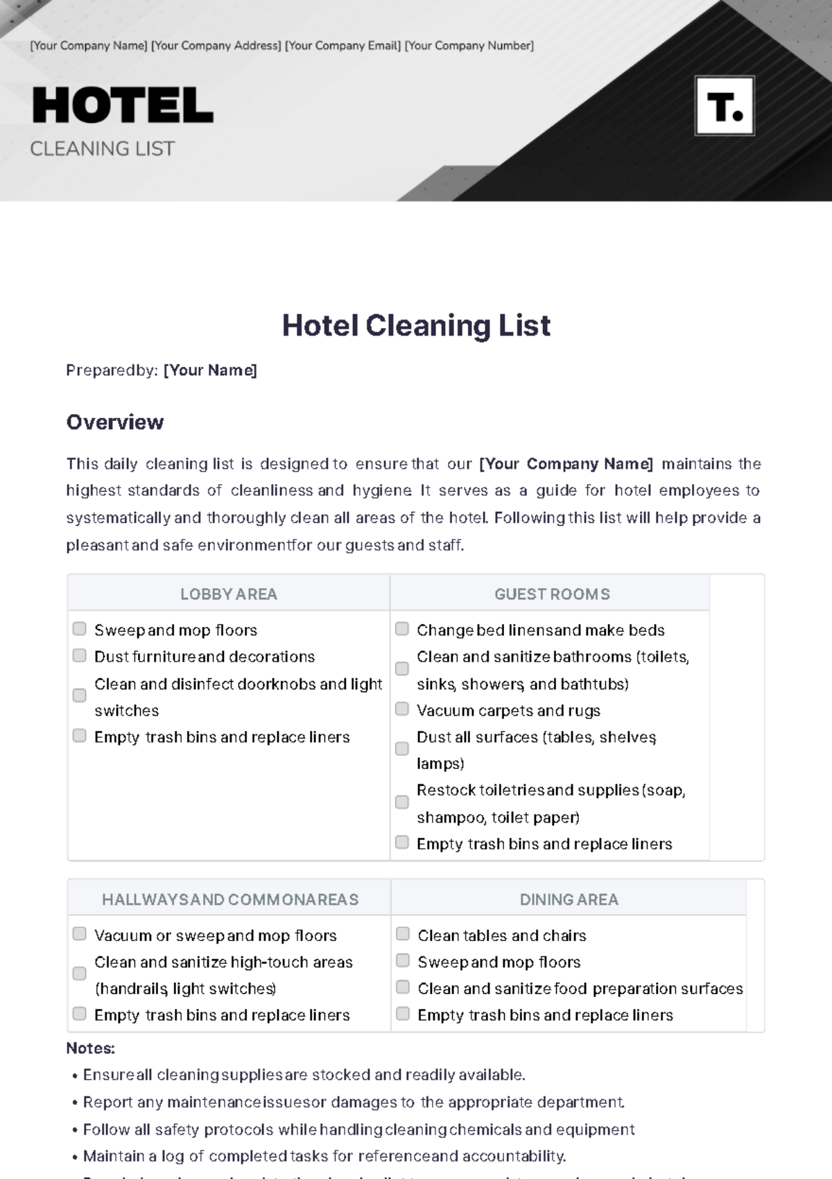 Hotel Cleaning List Template