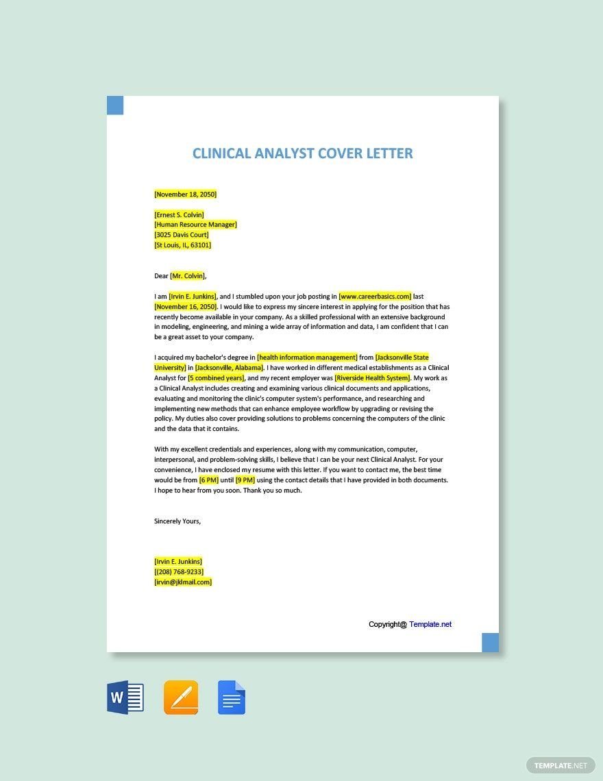 Clinical Analyst Cover Letter Template