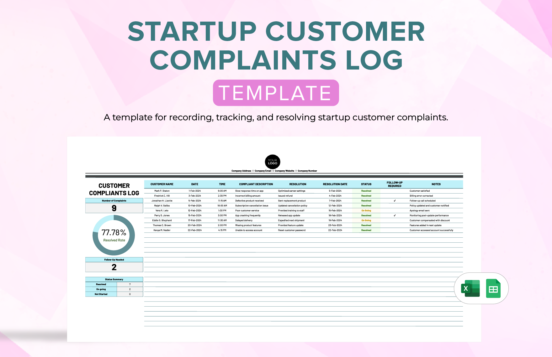 Startup Customer Complaints Log Template in Excel, Google Sheets