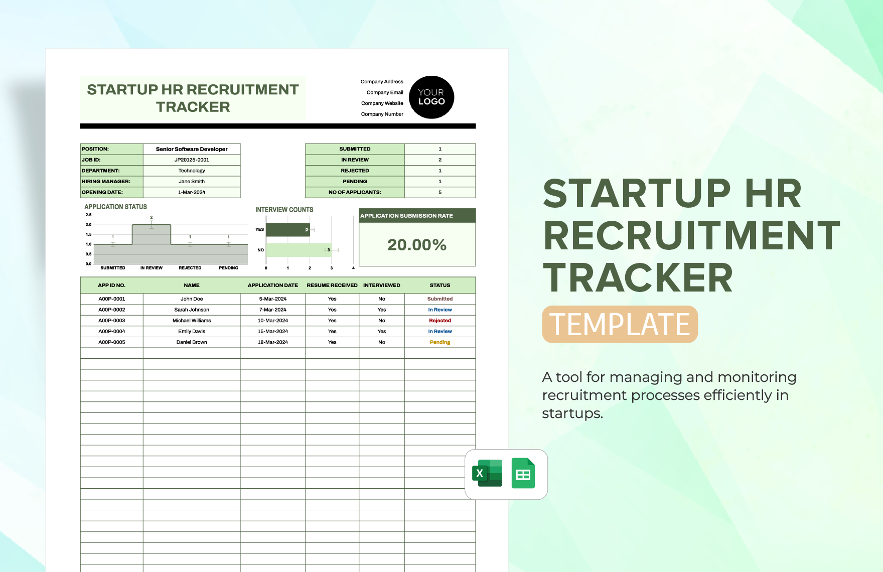 Startup HR Recruitment Tracker Template in Excel, Google Sheets