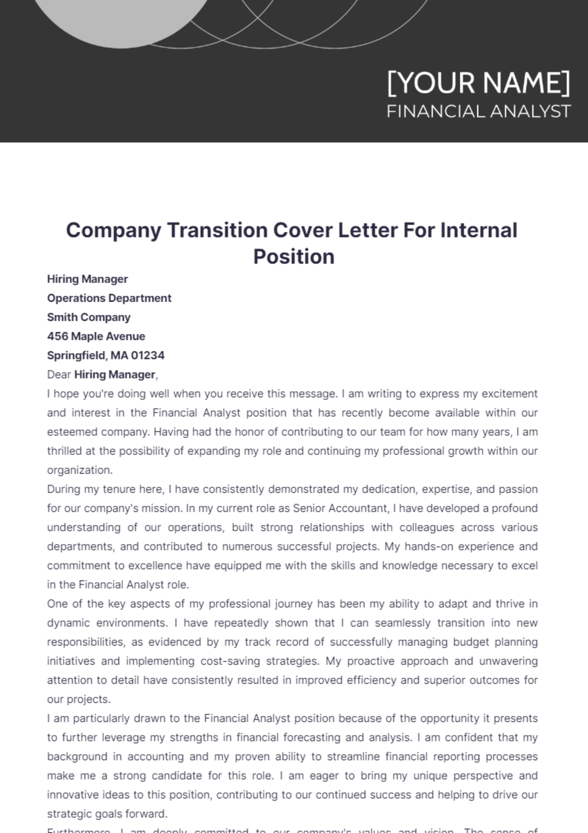 Company Transition Cover Letter For Internal Position