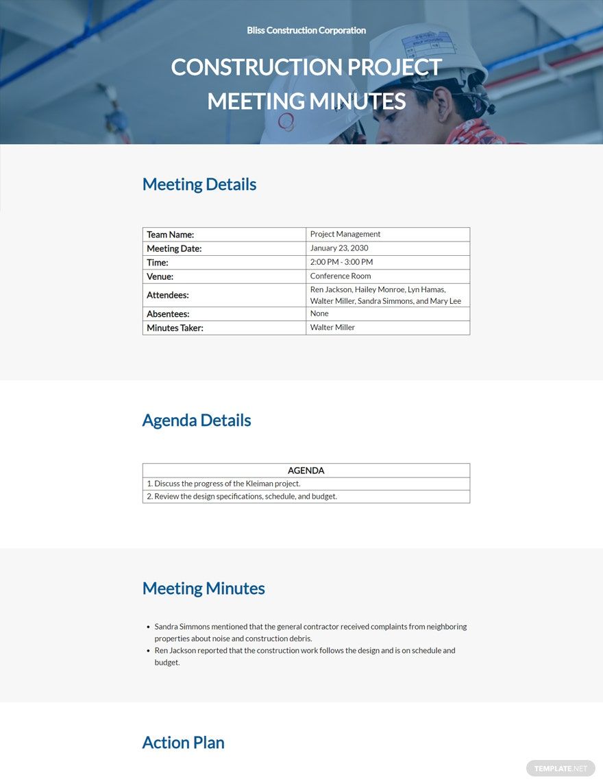 Free Construction Meeting Minute Templates Editable And Printable