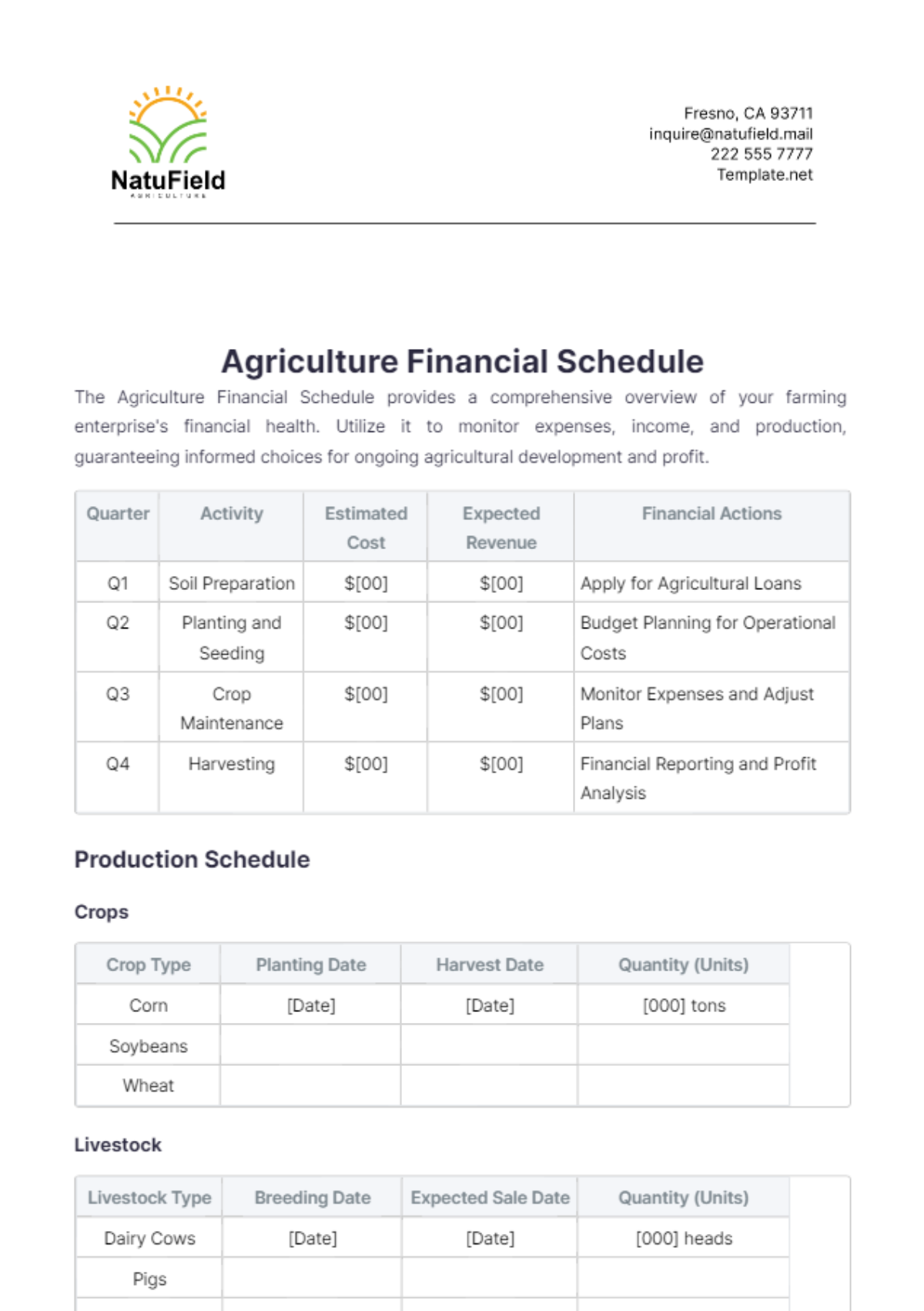 Agriculture Financial Schedule Template - Edit Online & Download