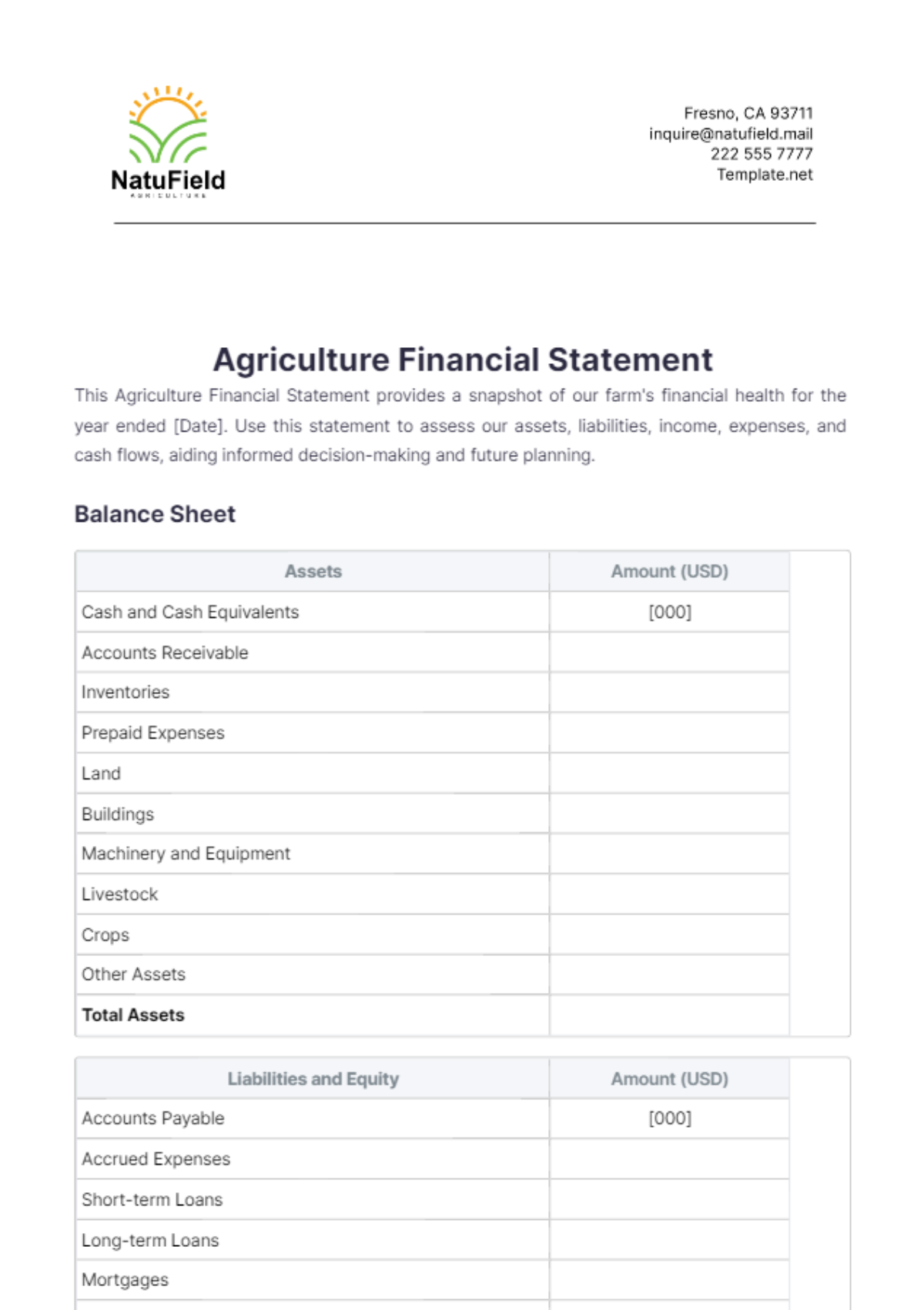 Agriculture Financial Statement Template - Edit Online & Download