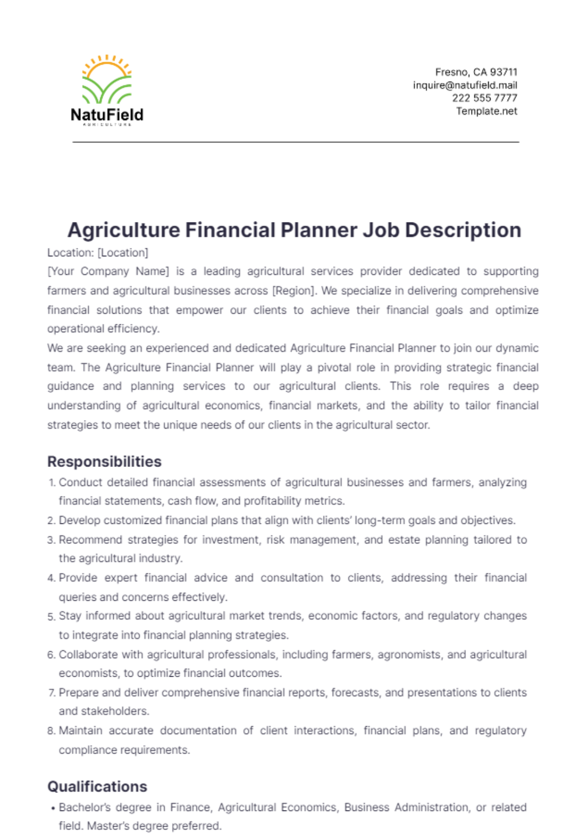 Agriculture Financial Planner Job Description Template - Edit Online & Download