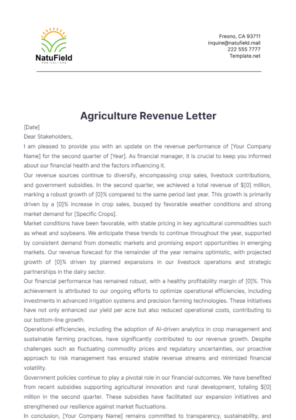 Agriculture Revenue Letter Template