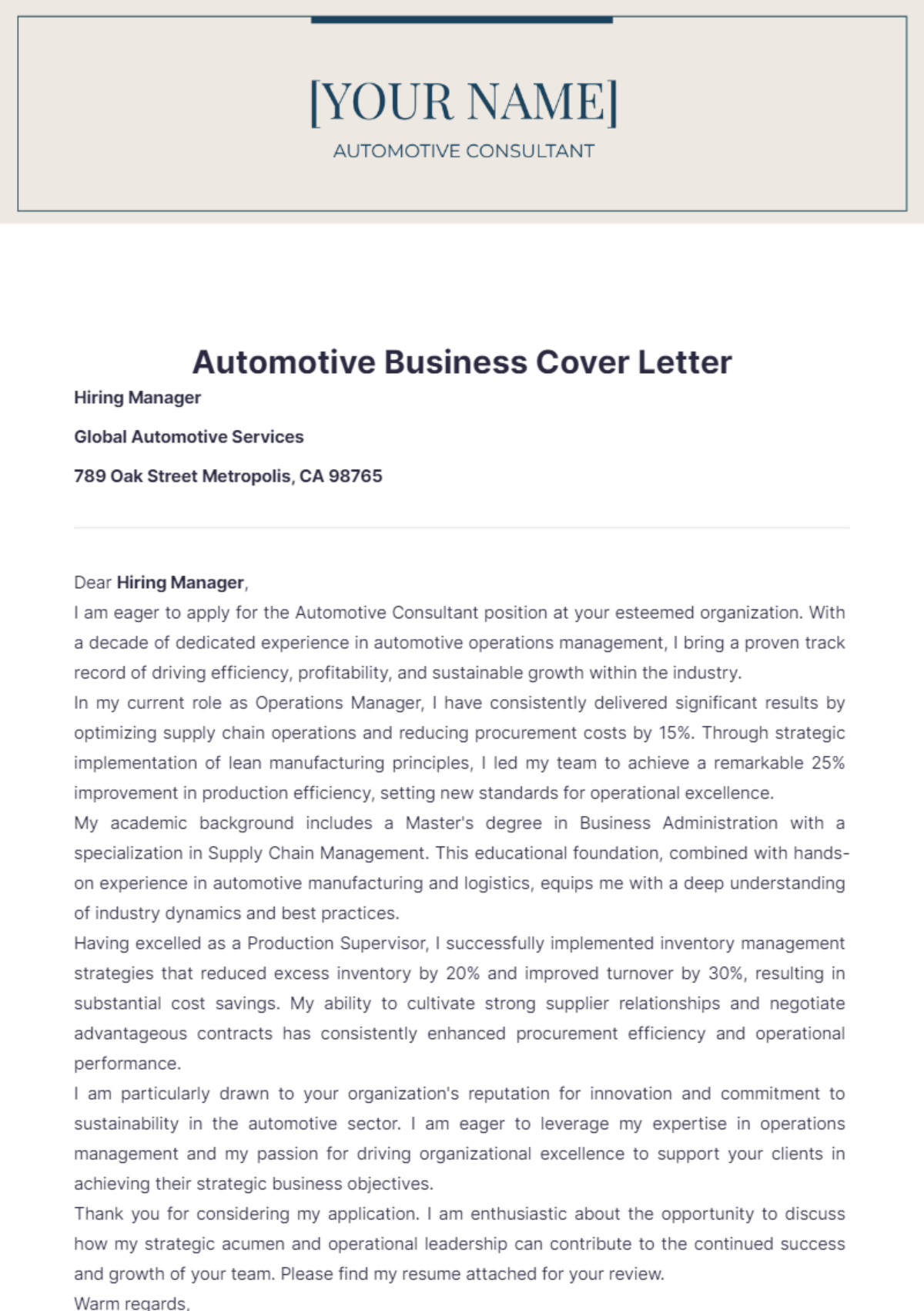 Automotive Business Cover Letter