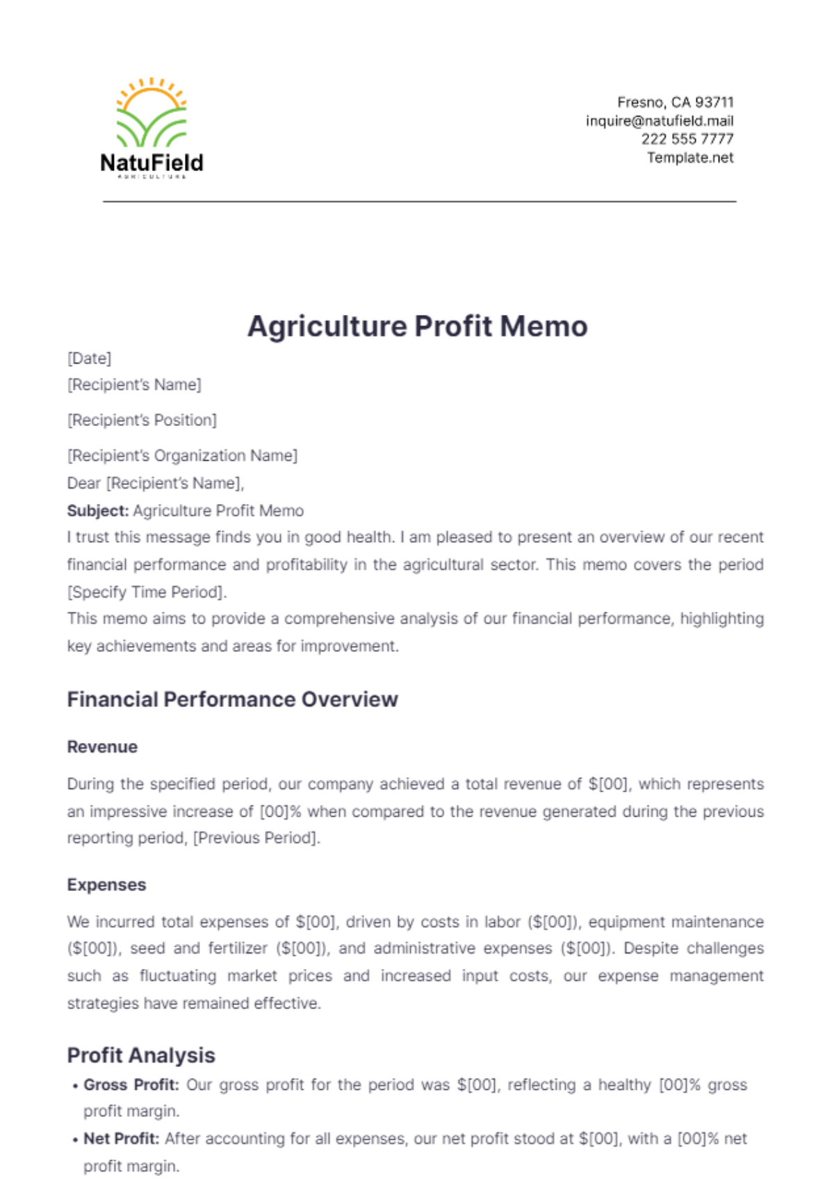 Agriculture Profit Memo Template - Edit Online & Download