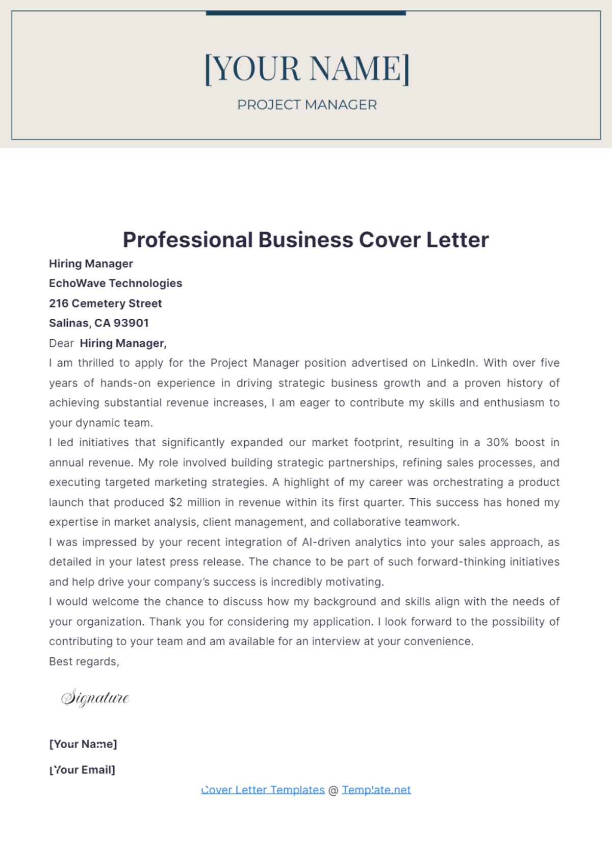 Free Professional Business Cover Letter Template to Edit Online