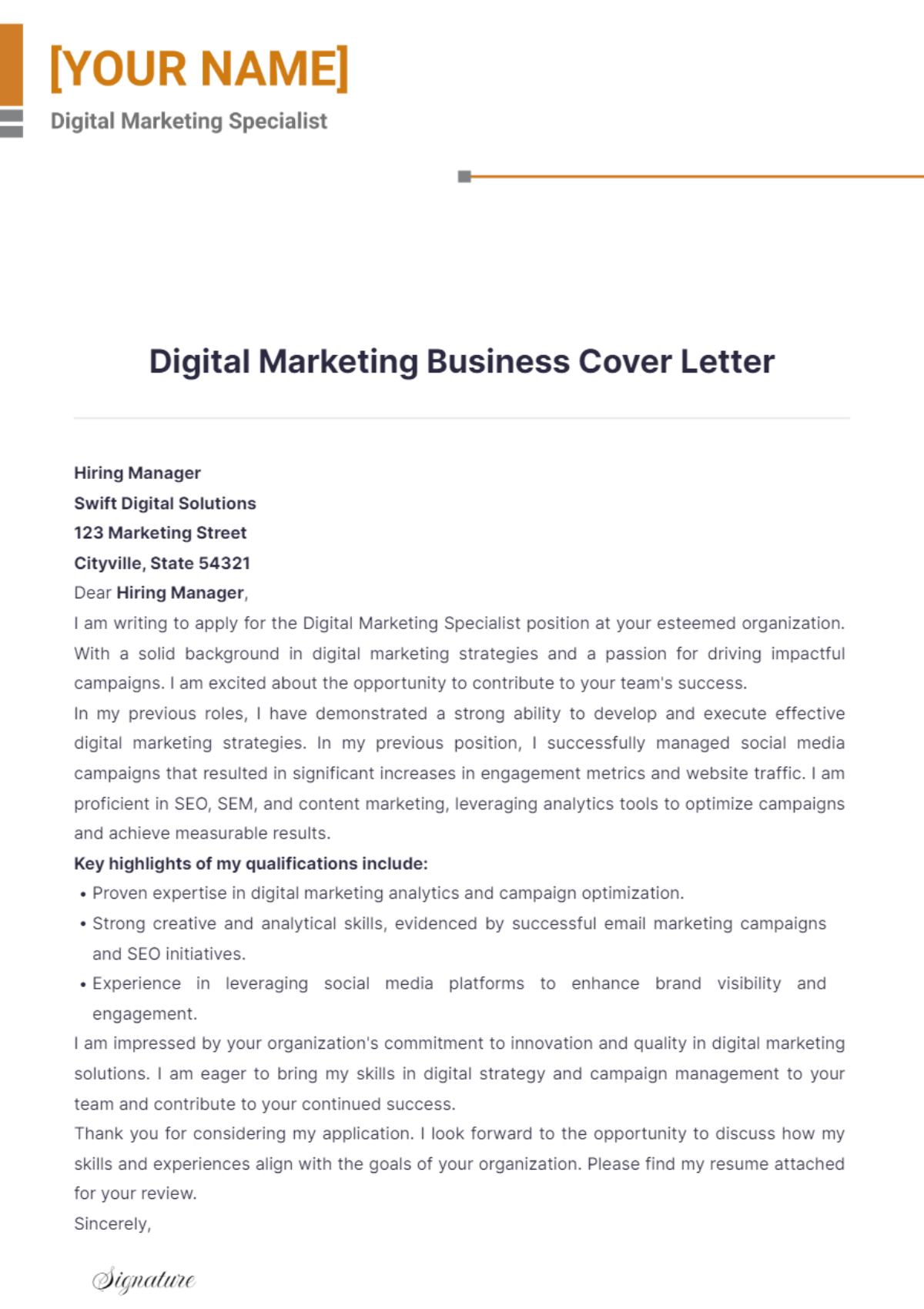 Digital Marketing Business Cover Letter