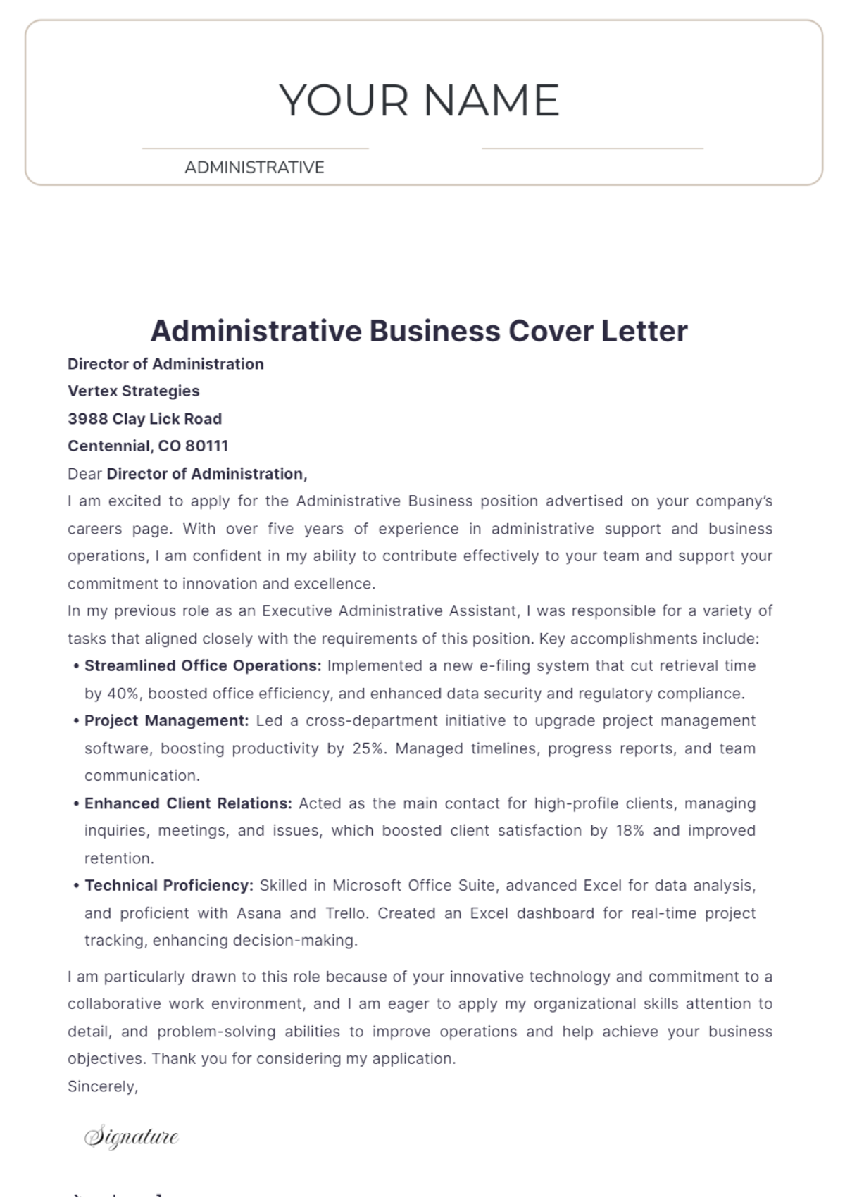 Administrative Business Cover Letter - Edit Online & Download