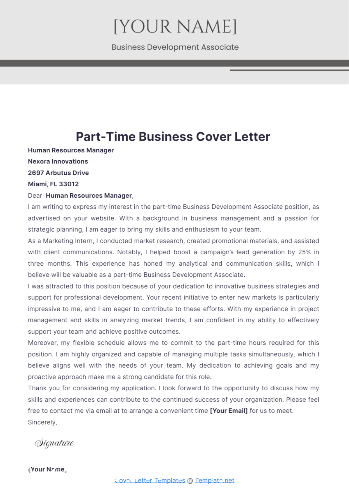 Part-Time Business Cover Letter - Edit Online & Download