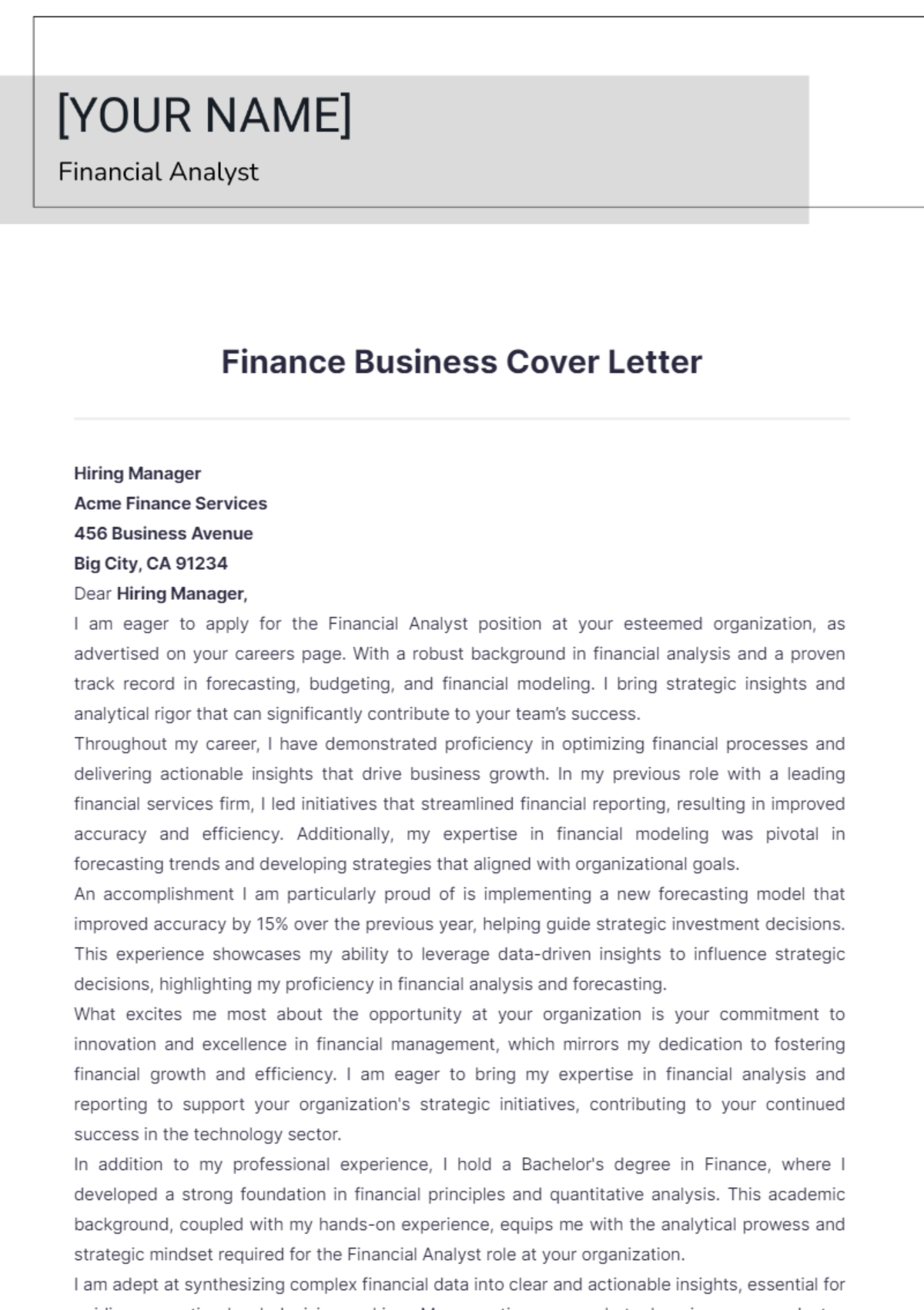 Finance Business Cover Letter