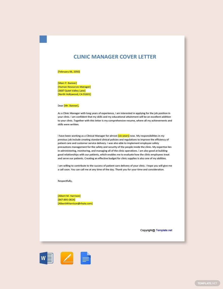 Clinic Manager Cover Letter Template in Word, Google Docs, PDF, Apple Pages