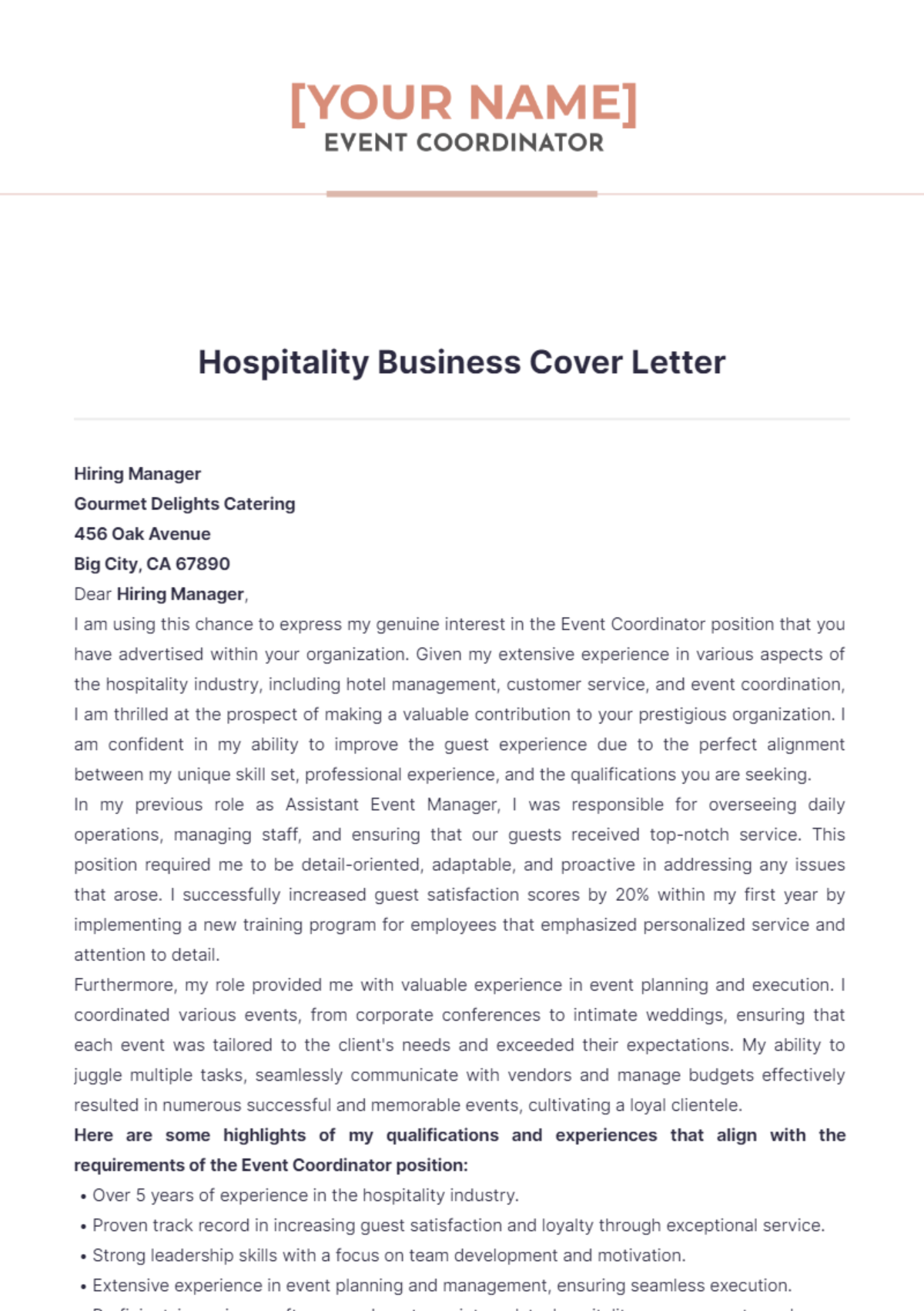 Hospitality Business Cover Letter