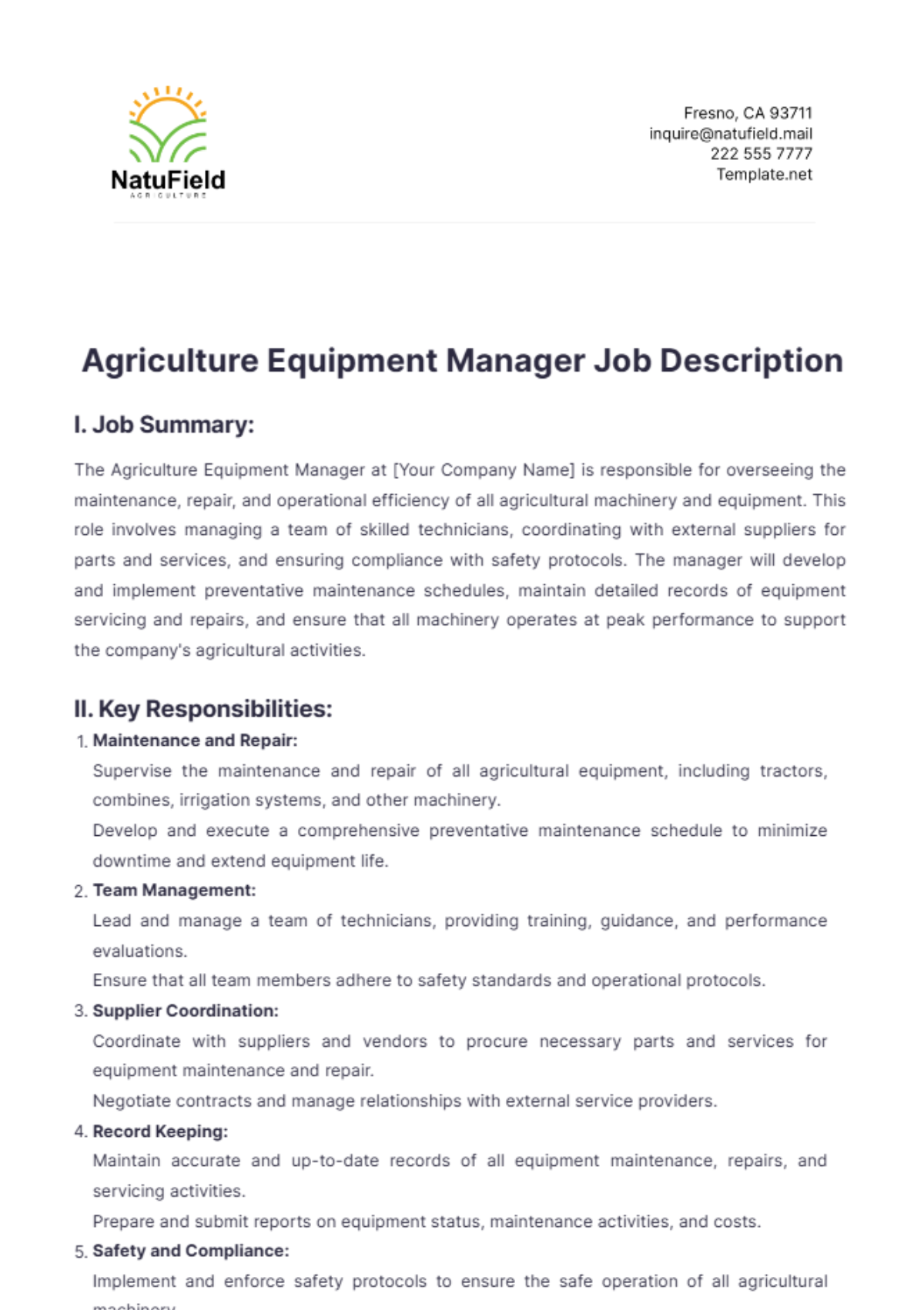 Agriculture Equipment Manager Job Description Template - Edit Online & Download