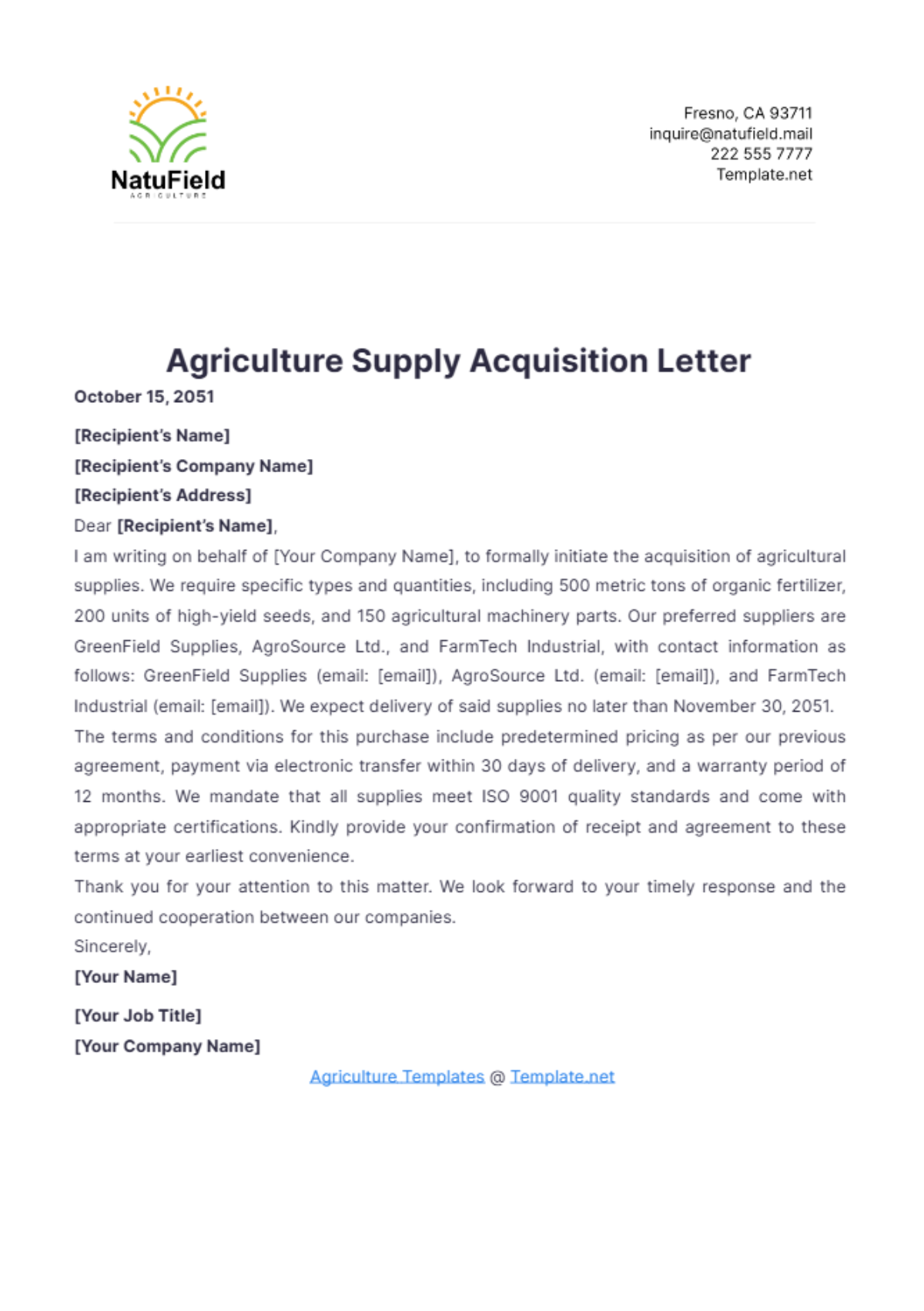 Agriculture Supply Acquisition Letter Template - Edit Online & Download