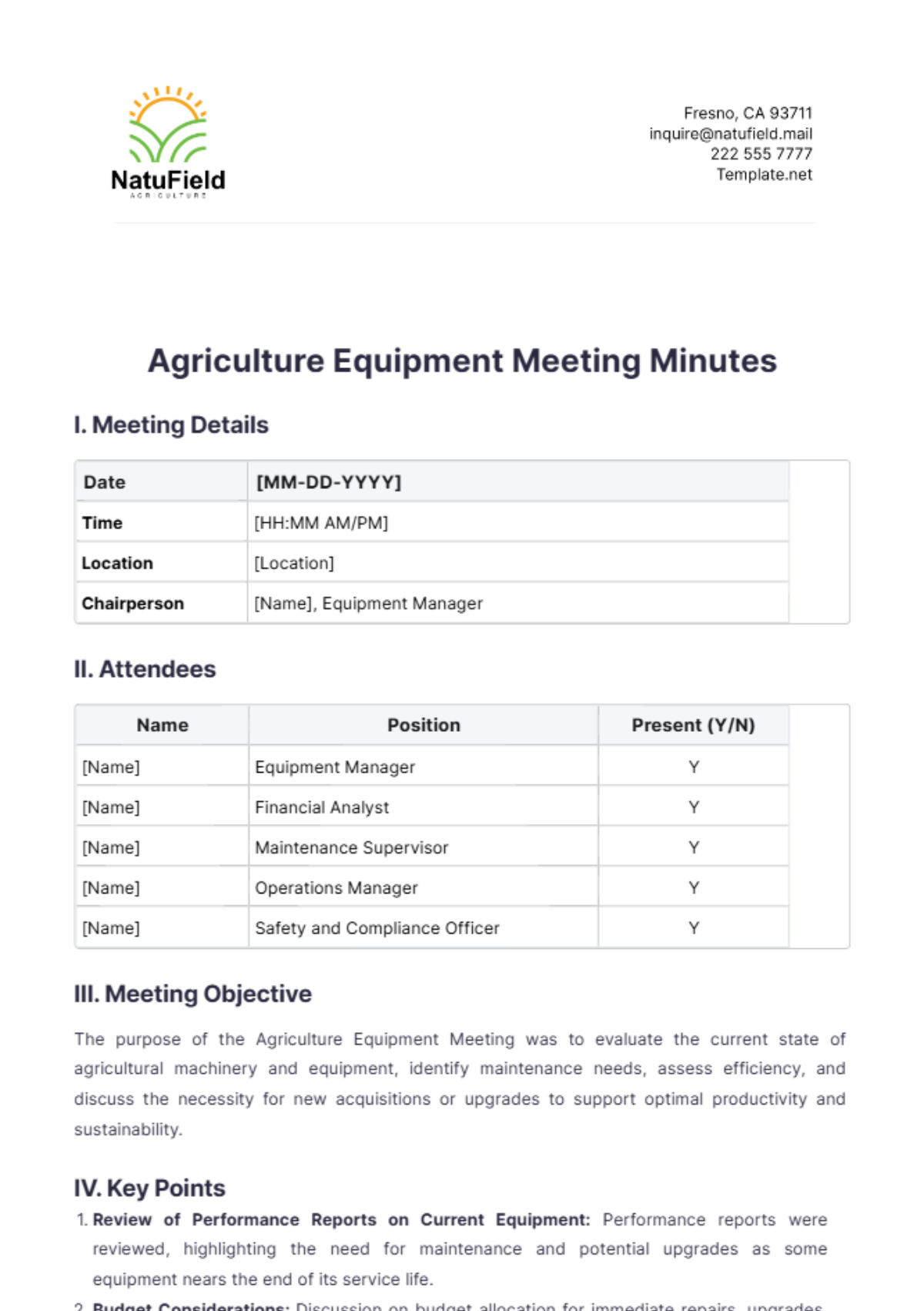 Agriculture Equipment Meeting Minutes Template - Edit Online & Download