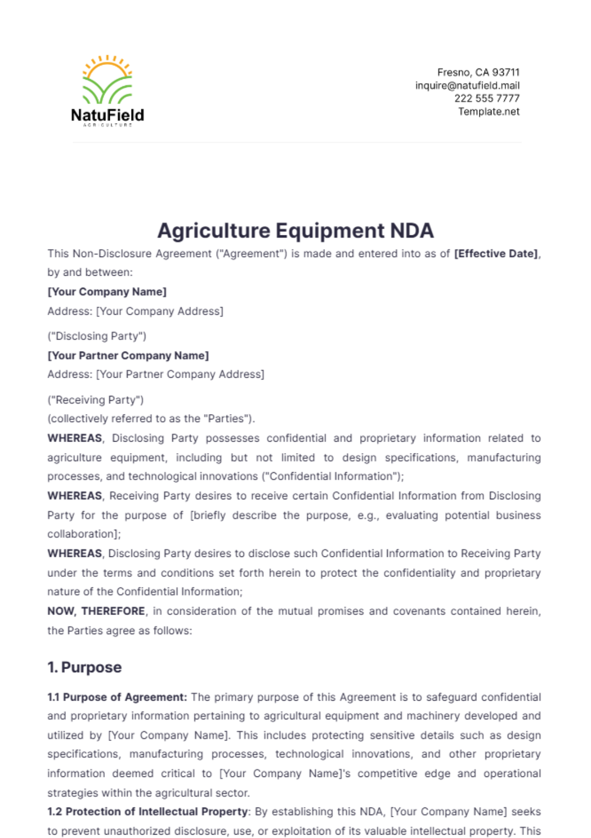 Agriculture Equipment NDA Template