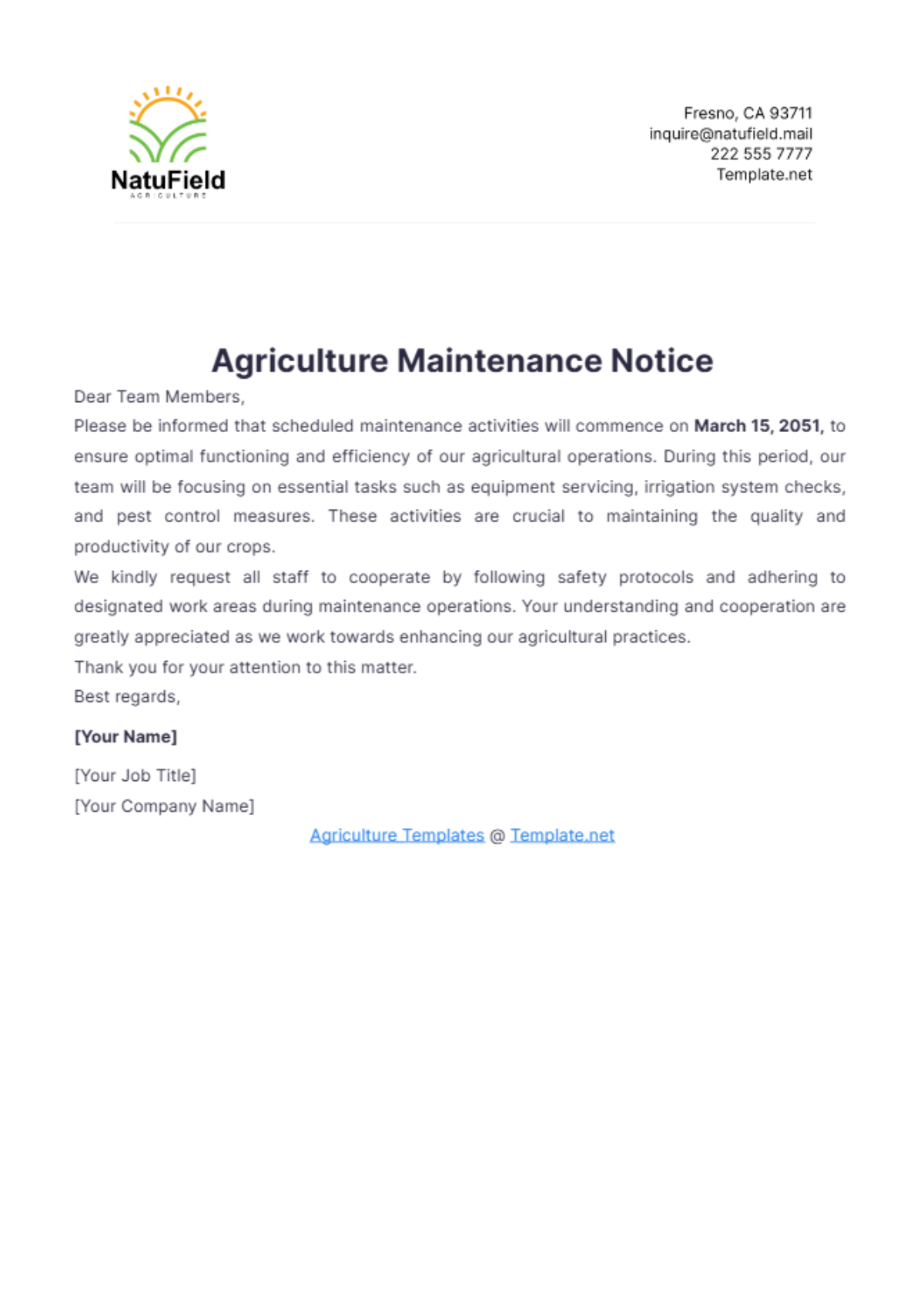 Agriculture Maintenance Notice Template - Edit Online & Download