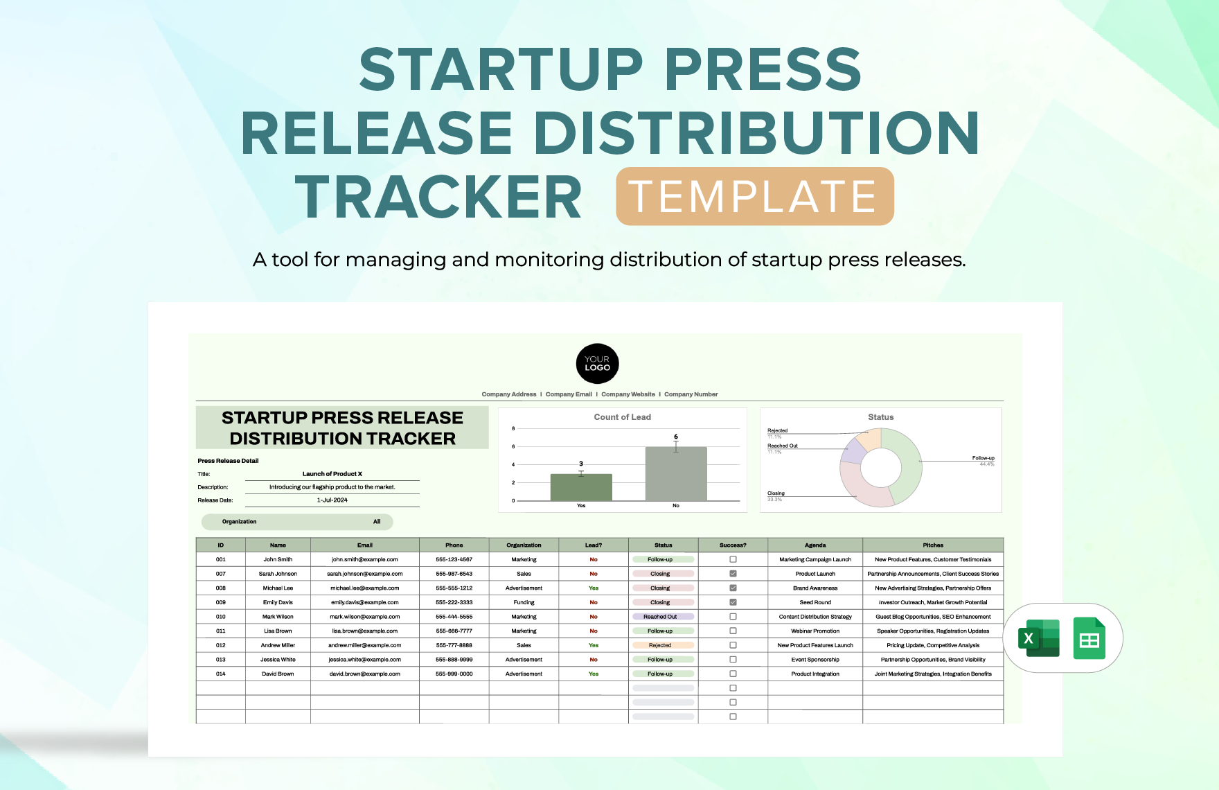 Startup Press Release Distribution Tracker Template in Excel, Google Sheets