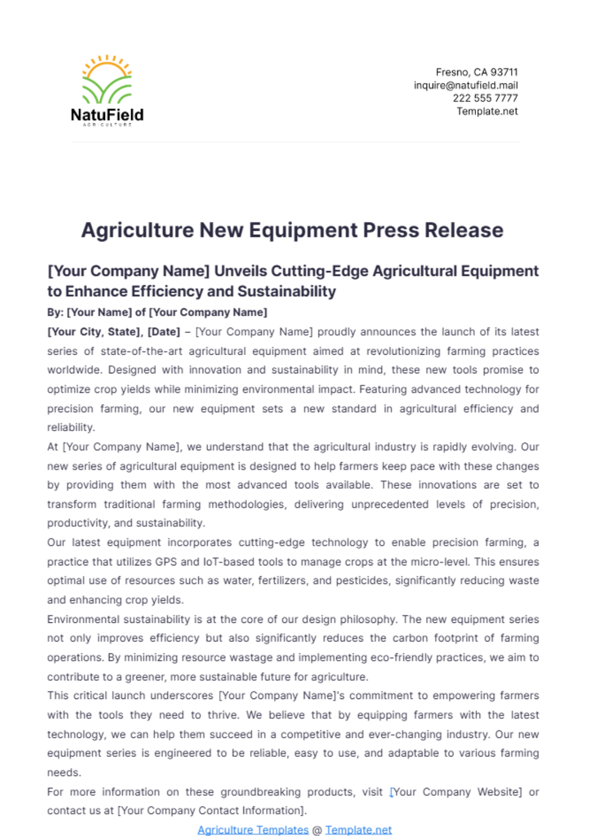 Agriculture New Equipment Press Release Template - Edit Online & Download