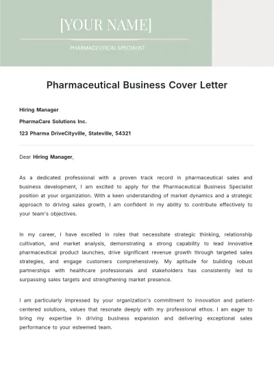 Free Pharmaceutical Business Cover Letter to Edit Online