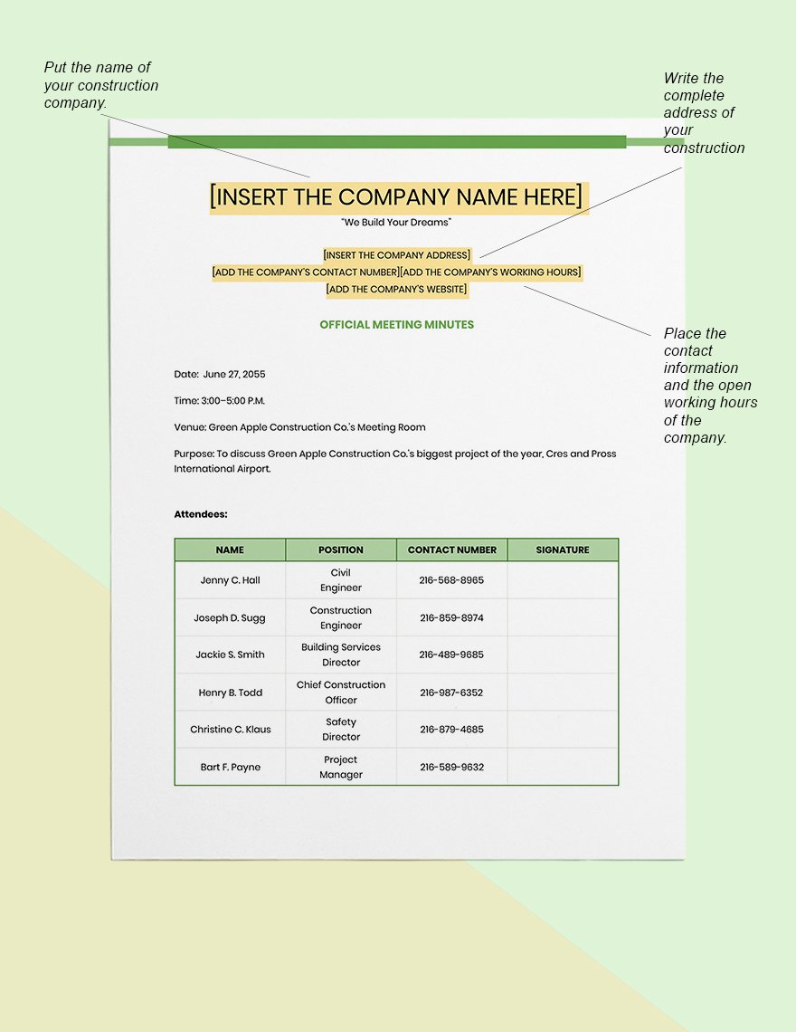 Product Construction Meeting Minutes Template