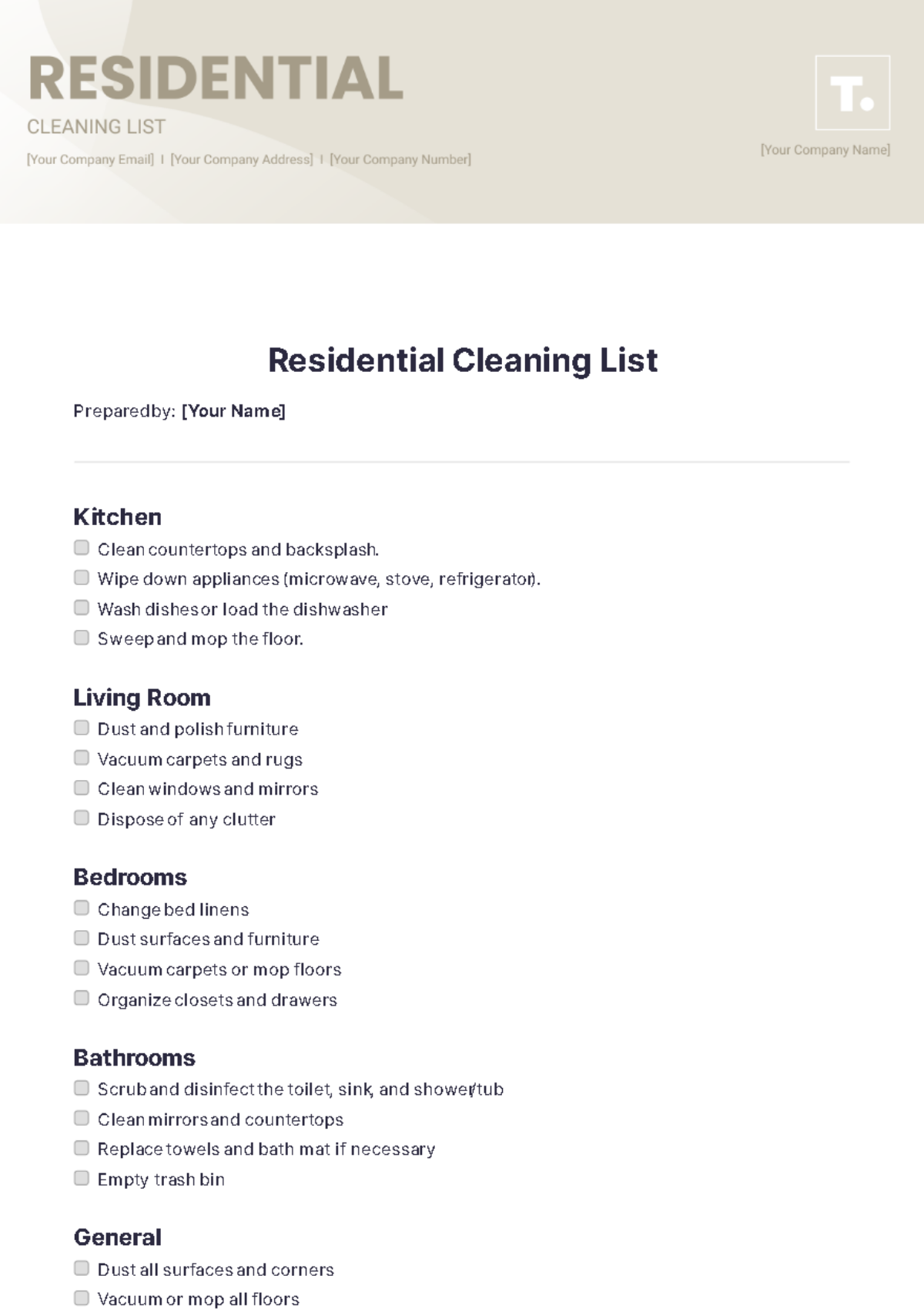 Residential Cleaning List Template - Edit Online & Download